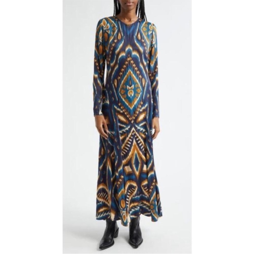 Farm Rio Pineapple Ikat Print Long Sleeves Satin Maxi Dress